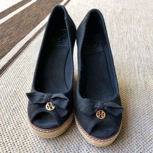 Tory Burch black, peep toe wedge, size 8